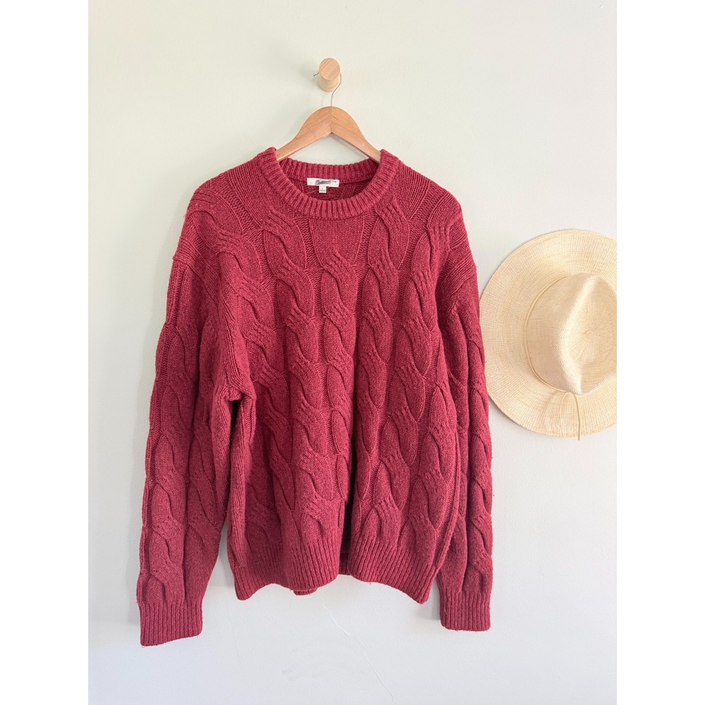 Madewell | NWOT Cable-Knit Wool Crewneck Sweater Heather Garnet Red | Sz L - Picture 2 of 9